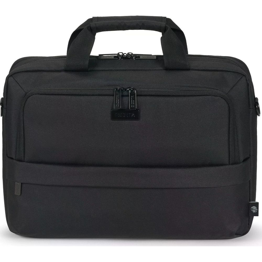 Borsa nera per laptop con due manici e tasche con zip.
