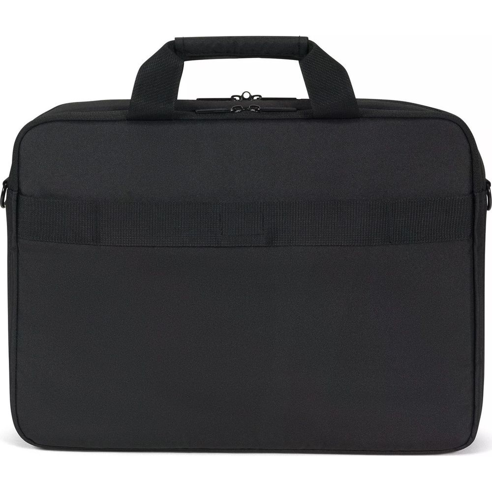 Borsa nera per laptop con manico e chiusura a zip.