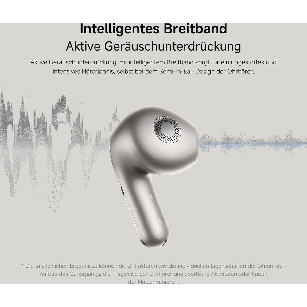 Srebrna słuchawka z grafiką fali symbolizującą redukcję szumów.