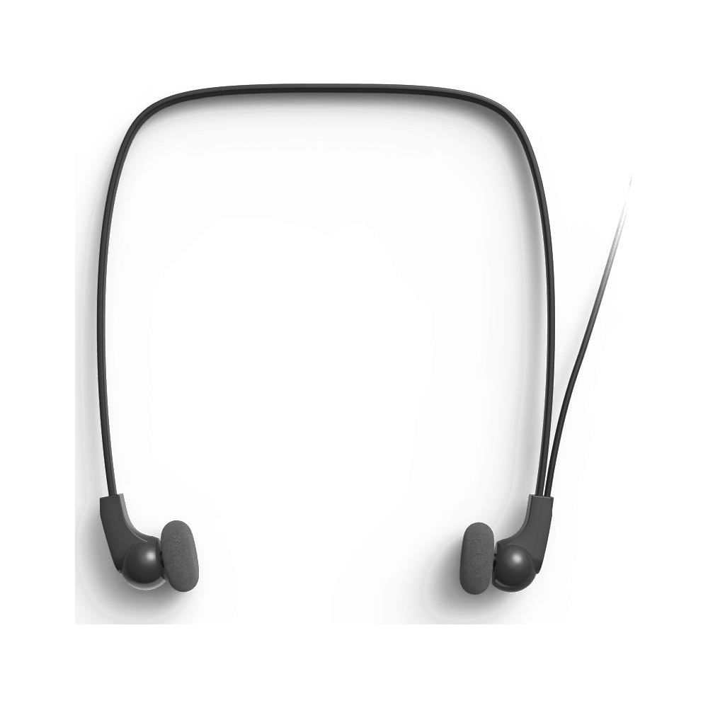 Ein Paar schwarze Nackenbügel-Kopfhörer mit ovalen Ohrstöpseln und einem Kabel.