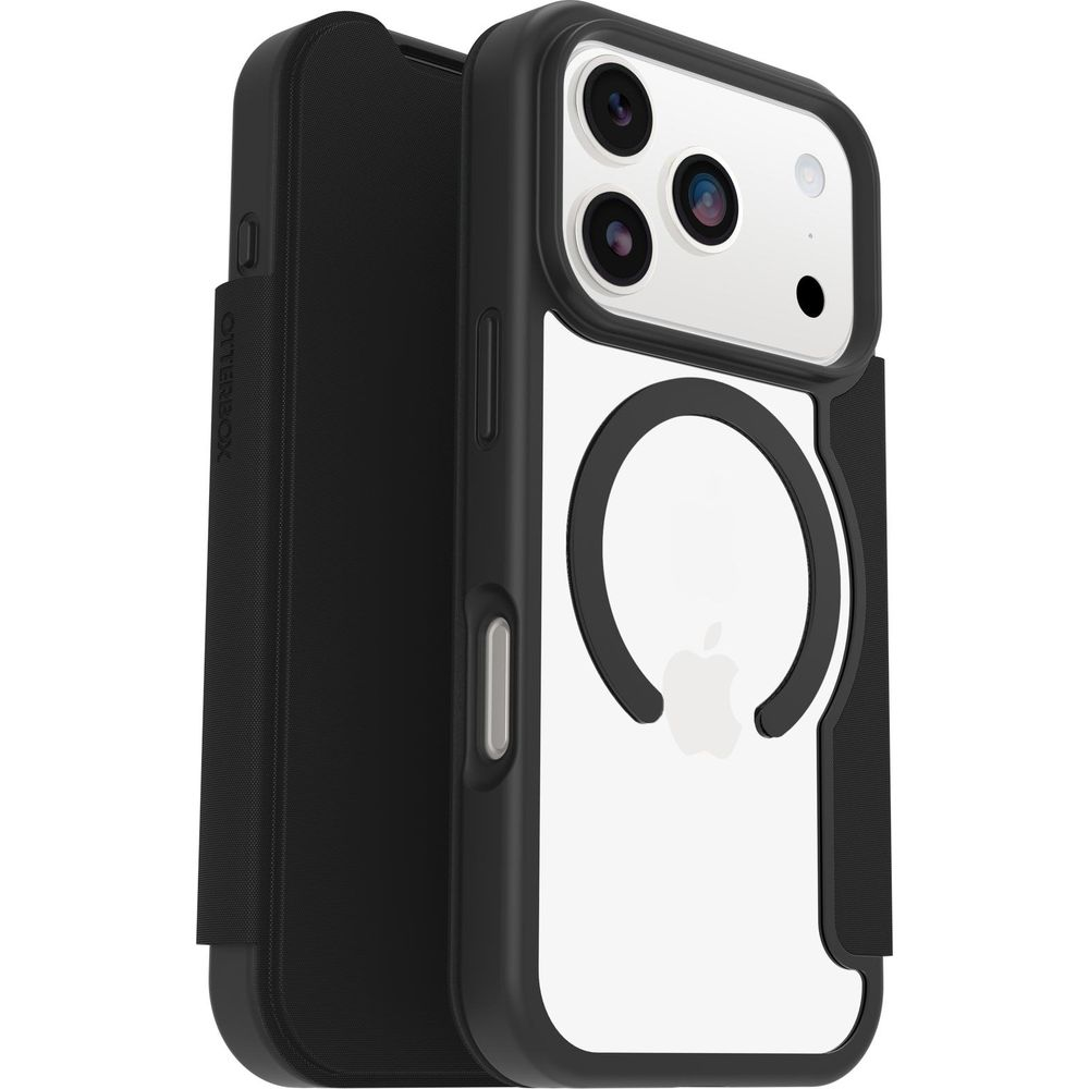 Een zwarte iPhone hoes met een witte cirkel en Apple logo.