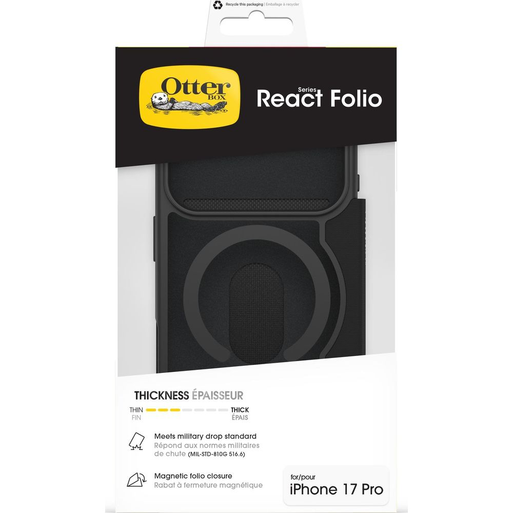 OtterBox React Folio hoesje voor iPhone 17 Pro, zwart, met magneetsluiting.