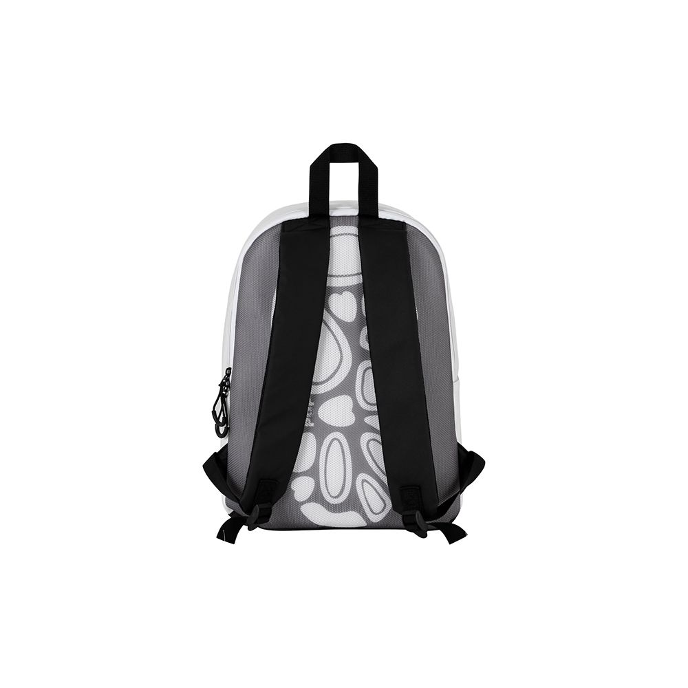 Rucksack mit weißem Muster auf grauem Hintergrund. Schwarze Träger.