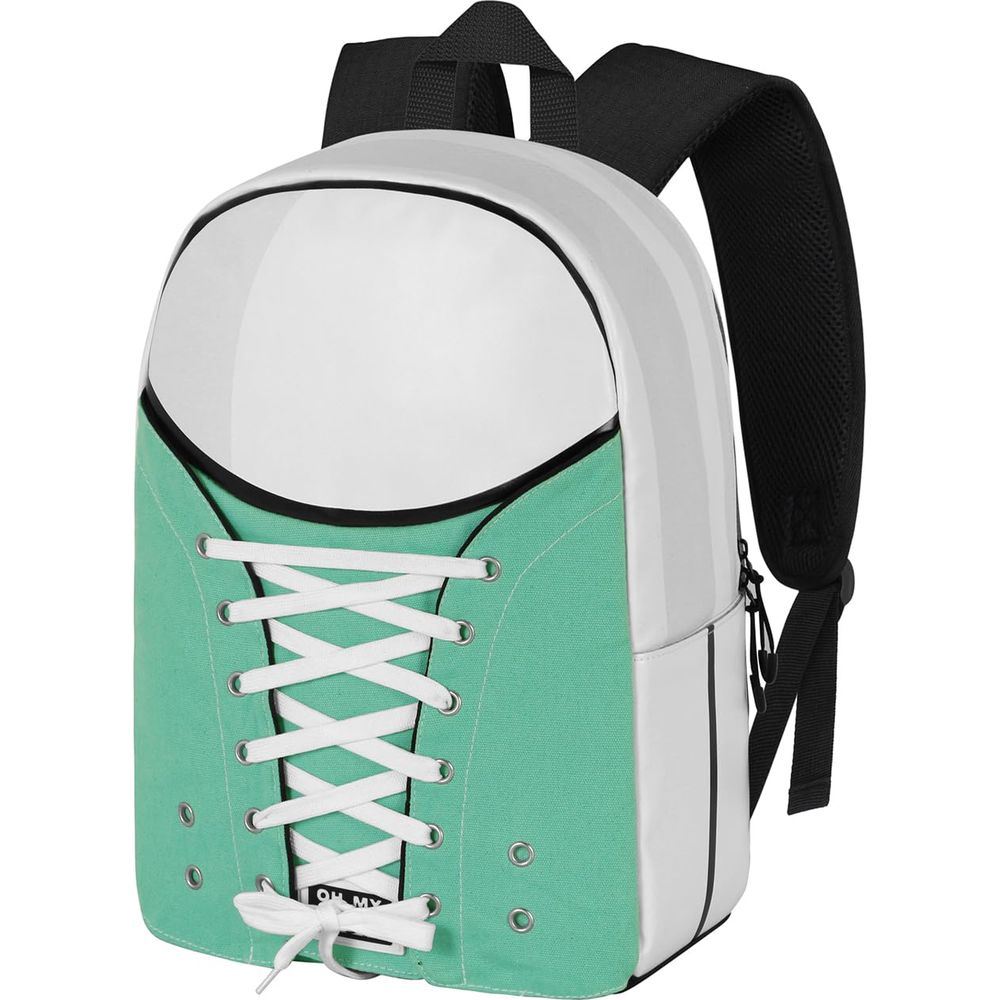 Rucksack in Sneaker-Optik mit weißen Schnürsenkeln auf türkisfarbenem Hintergrund.