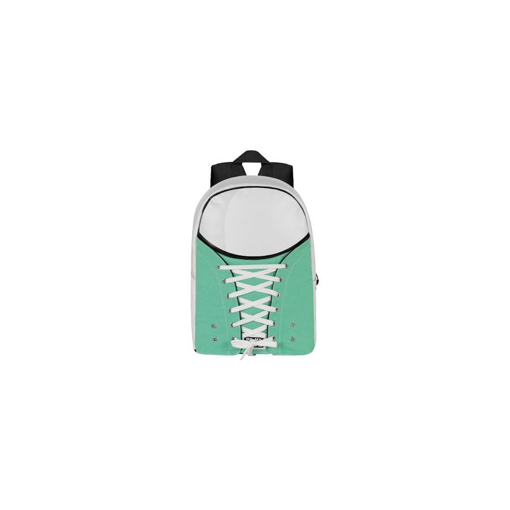 Ein Rucksack mit Schnürsenkel-Design in Türkis und Weiß.