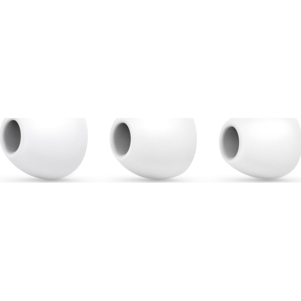 Trois écouteurs blancs avec un trou sur le côté sur fond blanc.