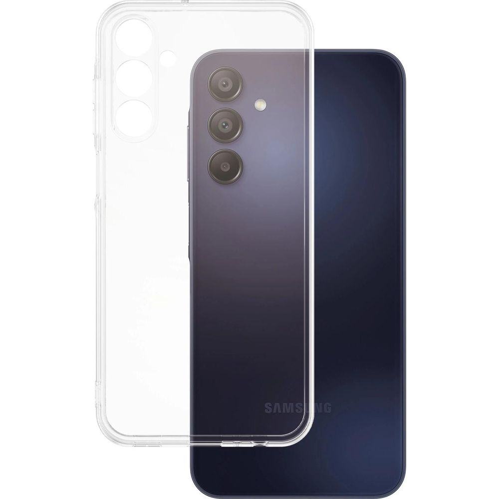 Una cover trasparente su uno smartphone blu scuro con tre fotocamere.