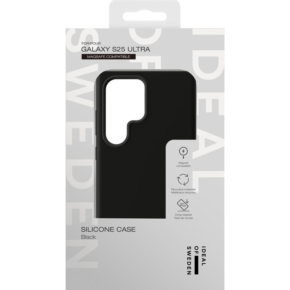Schwarze Silikonhülle für Galaxy S25 Ultra, MagSafe-kompatibel.