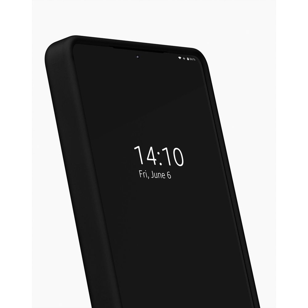 Schwarzes Smartphone mit gesperrtem Bildschirm zeigt 14:10 Uhr und Datum.