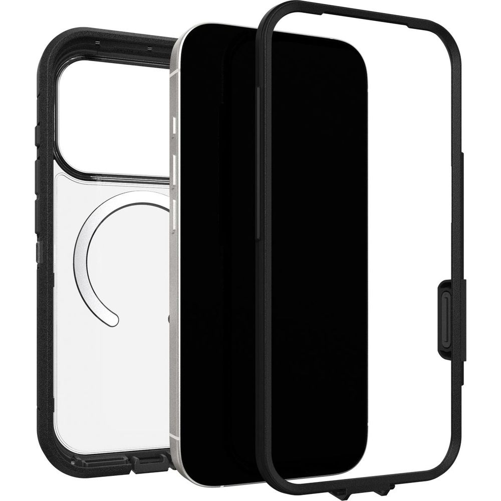 Un cadre de coque de téléphone noir avec dos transparent et téléphone noir.