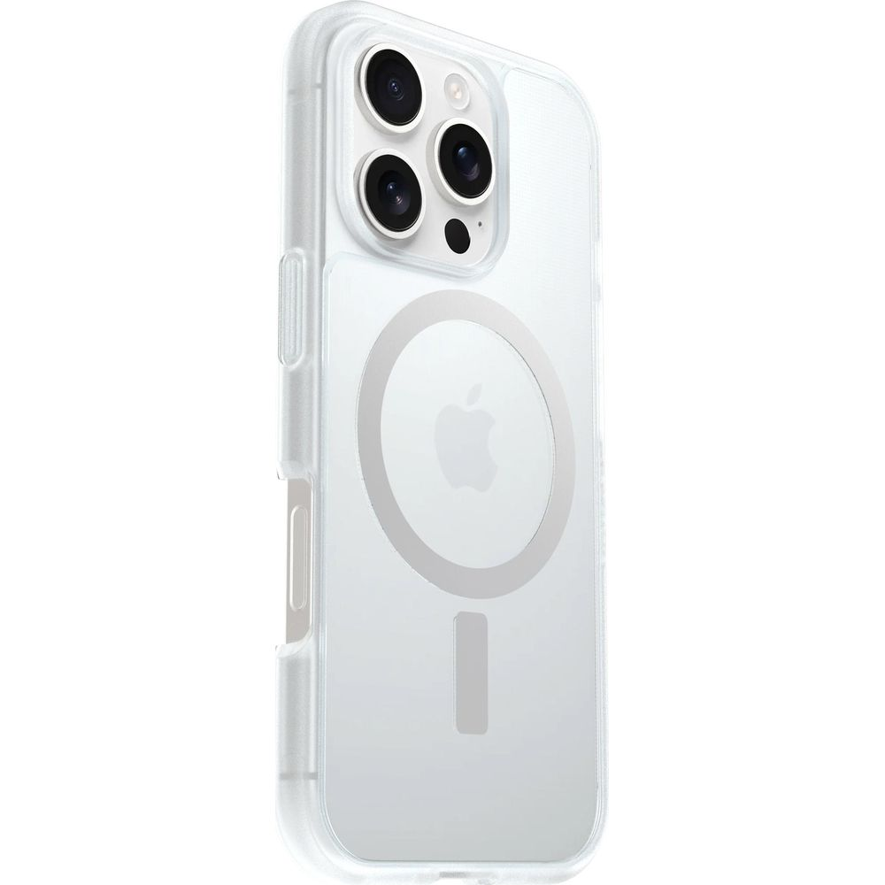 Coque transparente pour iPhone avec caméras et logo Apple.