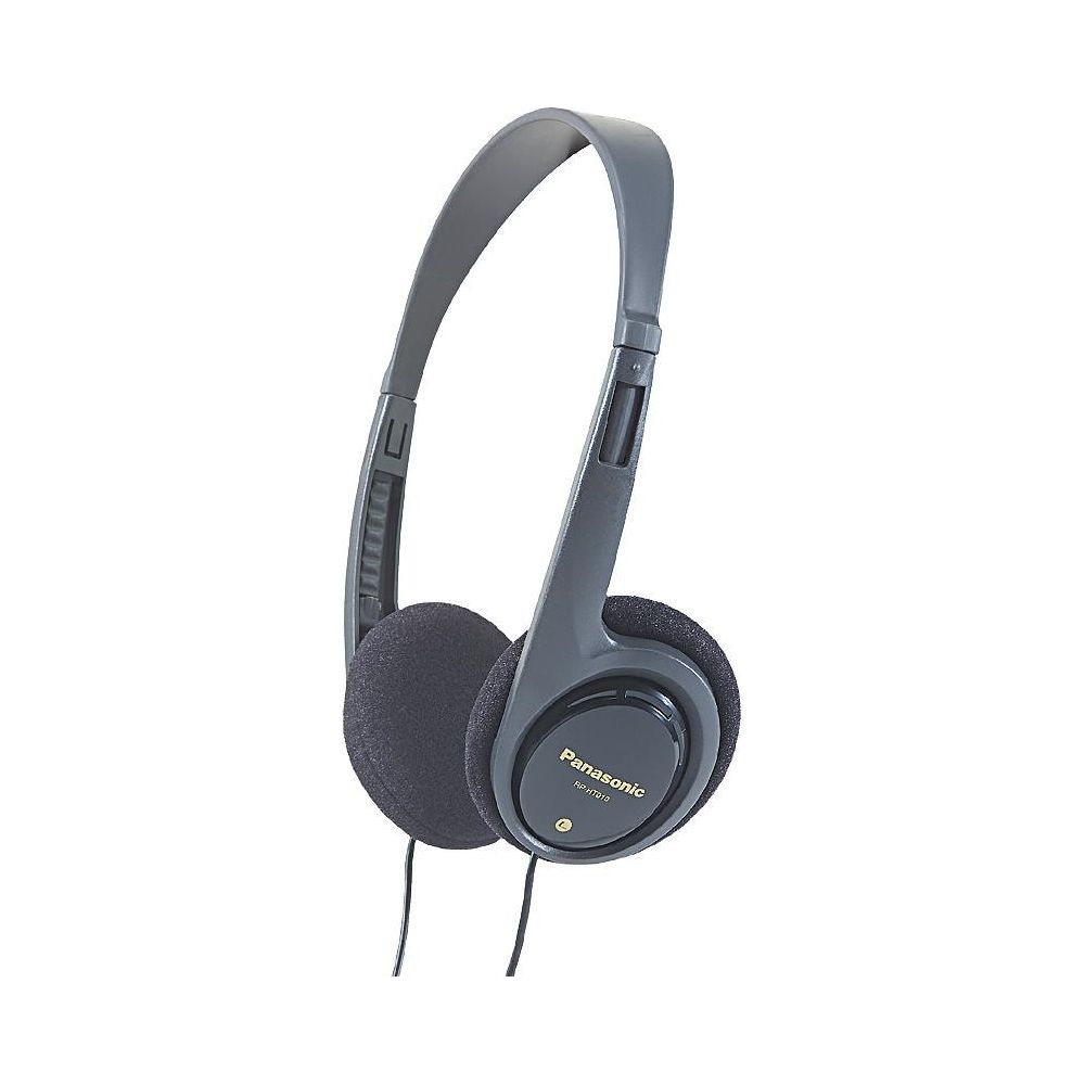 Szare słuchawki Panasonic z nausznikami i regulowanym pałąkiem.