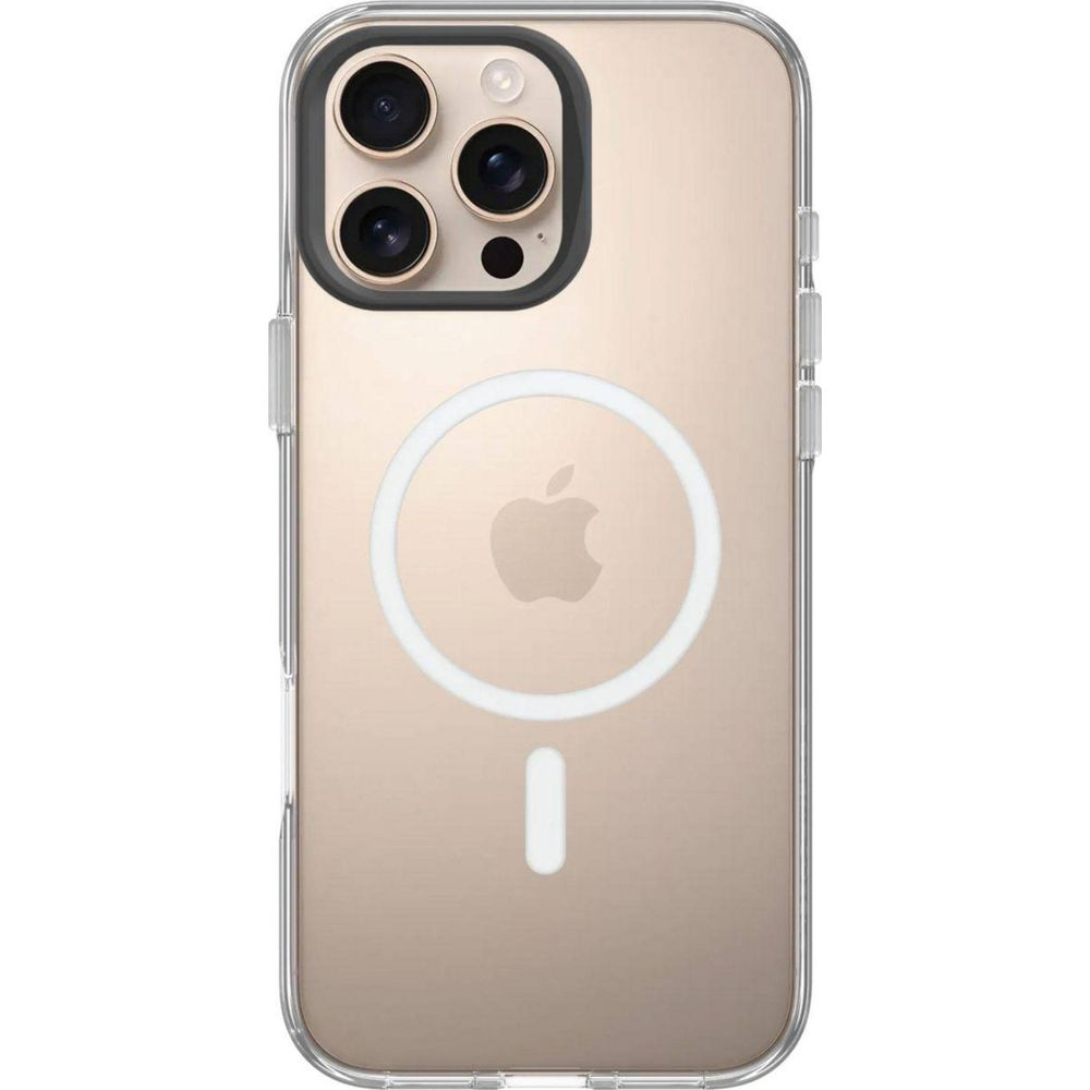 Coque de téléphone transparente avec objectifs de caméra et logo Apple.