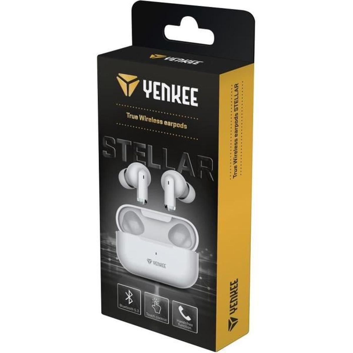Verpackung von YENKEE STELLAR True Wireless-Ohrhörern mit weißen Ohrhörern.
