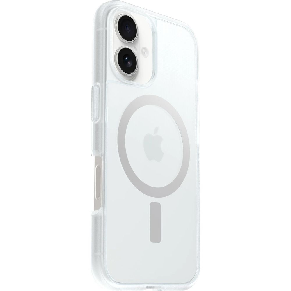 Coque de téléphone transparente avec logo Apple et anneau magnétique.