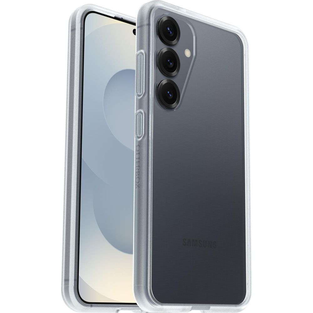 Een transparante hoes voor een Samsung smartphone met drie camera's.