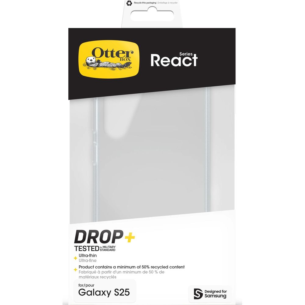 OtterBox React Series hoes verpakking voor Galaxy S25. DROP+ getest & gerecycled materiaal.