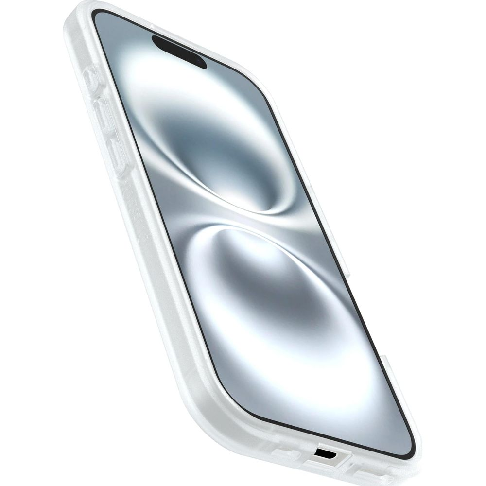 Un smartphone blanc dans un étui, en angle sur fond blanc.