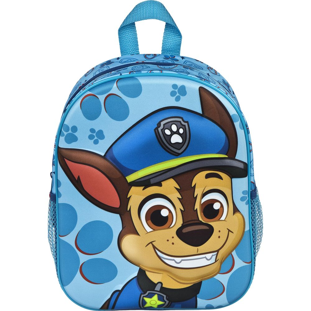 Blue backpack with Chase from Paw Patrol on it. Paw prints and circles decorate.