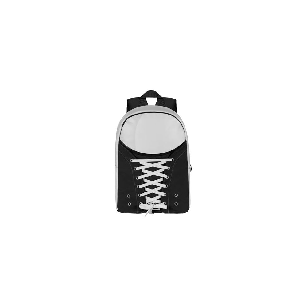 Una mochila blanca y negra con cordones que simulan un zapato.