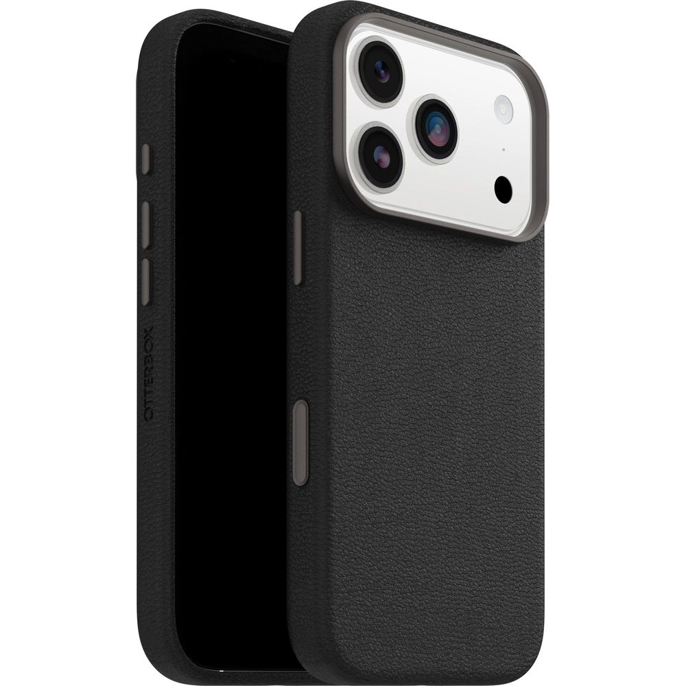 Zwarte iPhone hoes met drie cameralenzen en flitser.