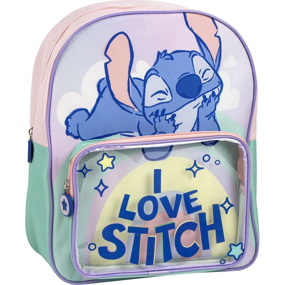 Mochila con gráfico de Stitch y texto "I LOVE STITCH". Colores pastel.