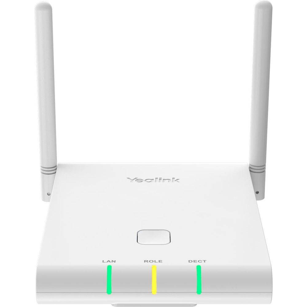 Un dispositivo Yealink bianco con due antenne e tre LED di stato: LAN (verde), ROLE (giallo), DECT (verde).