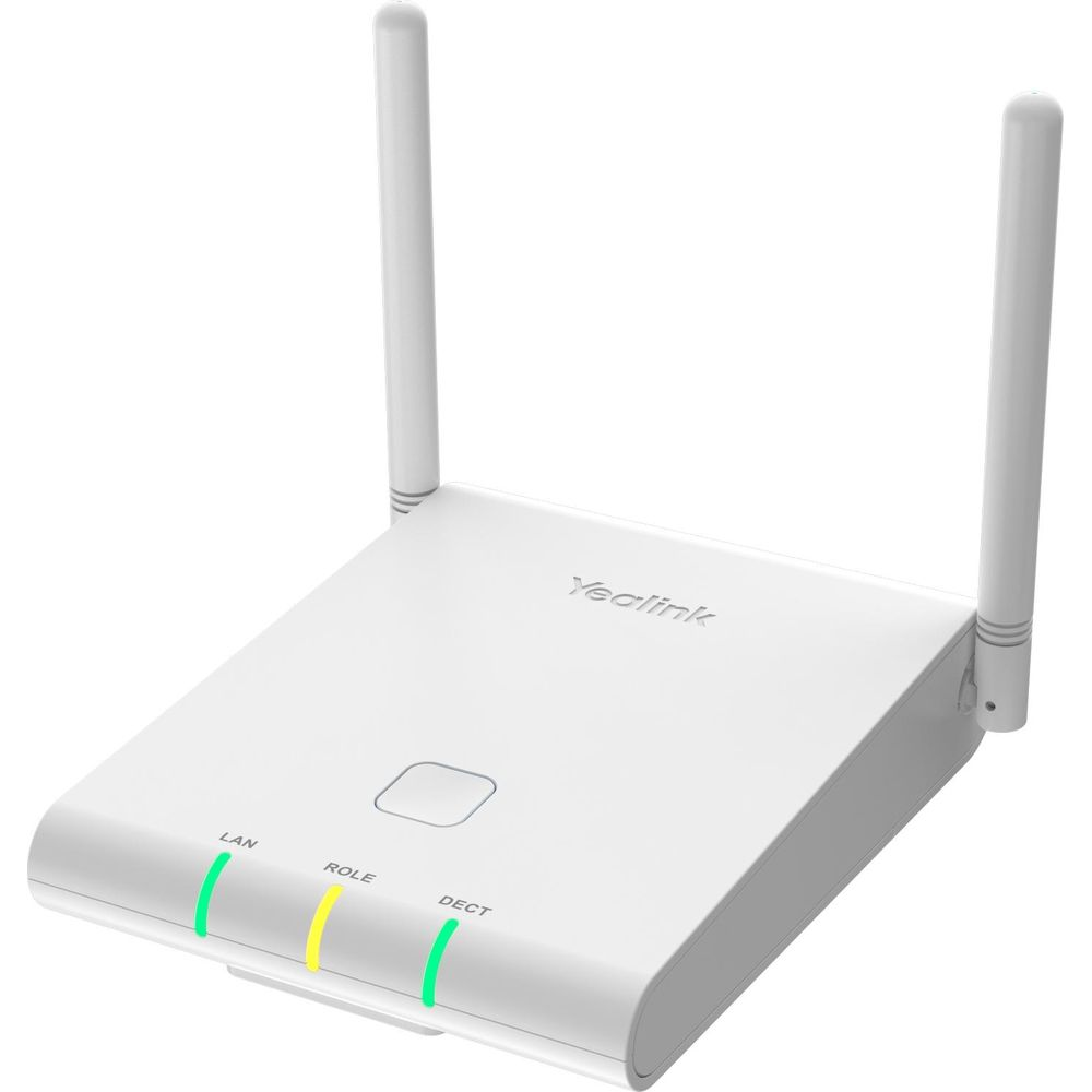 Un dispositivo Yealink bianco con due antenne e luci di stato (LAN, ROLE, DECT).