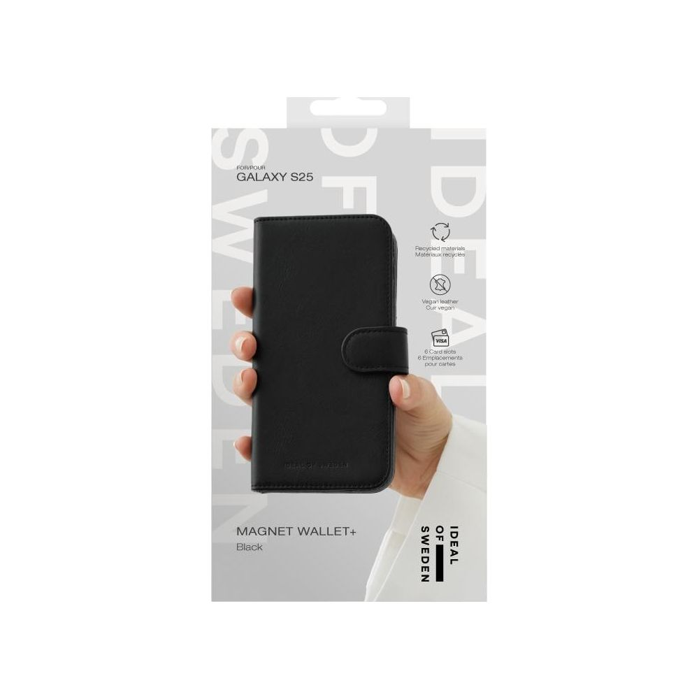 Schwarze Magnet Wallet+ Hülle für Samsung Galaxy S25 aus Veganleder.