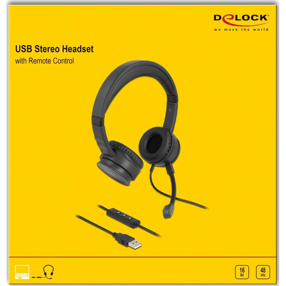 Cuffie stereo USB nere con telecomando e microfono su sfondo giallo.
