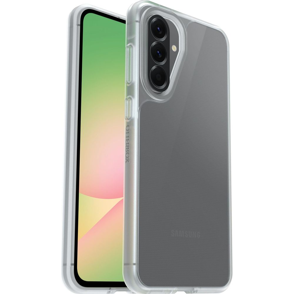 Een transparante Otterbox hoes beschermt een grijze Samsung telefoon met drie camera's.