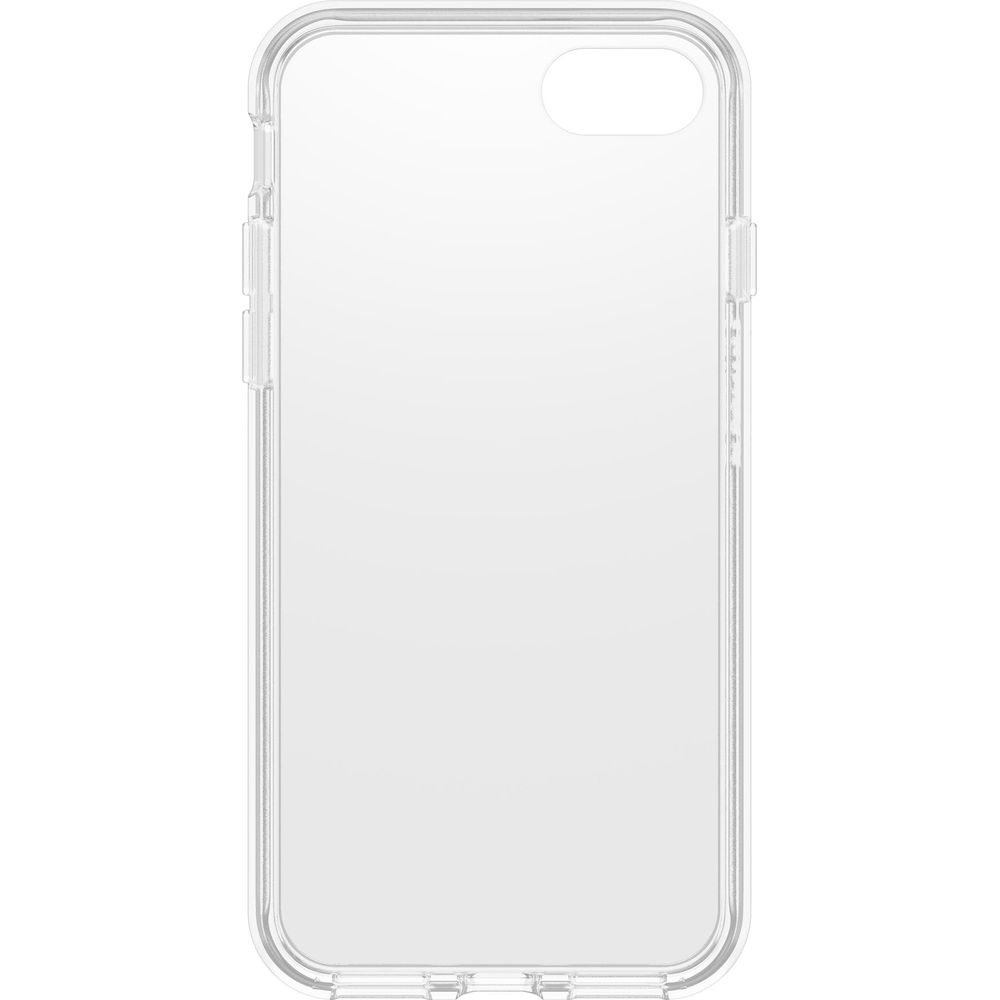 Transparante telefoonhoes met uitsparingen voor camera en knoppen.