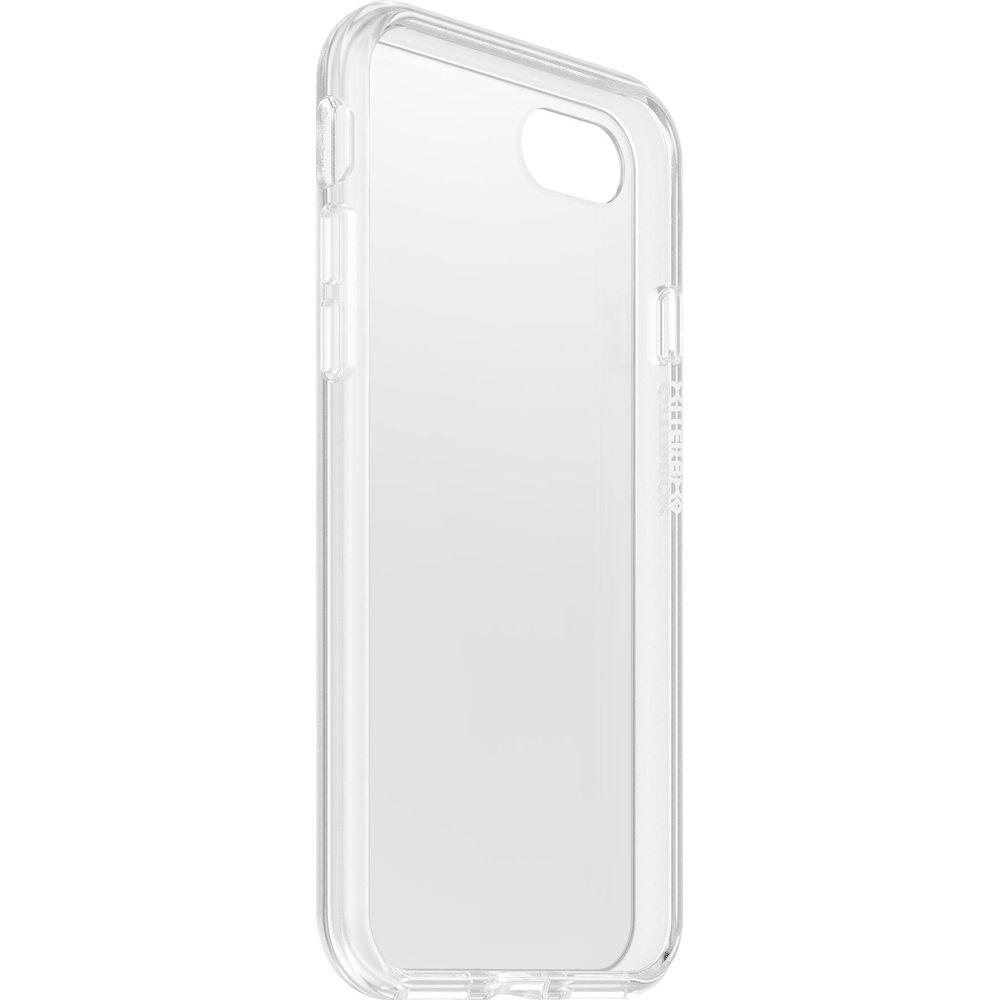 Een doorzichtige telefoonhoes met uitsparingen voor camera en knoppen.