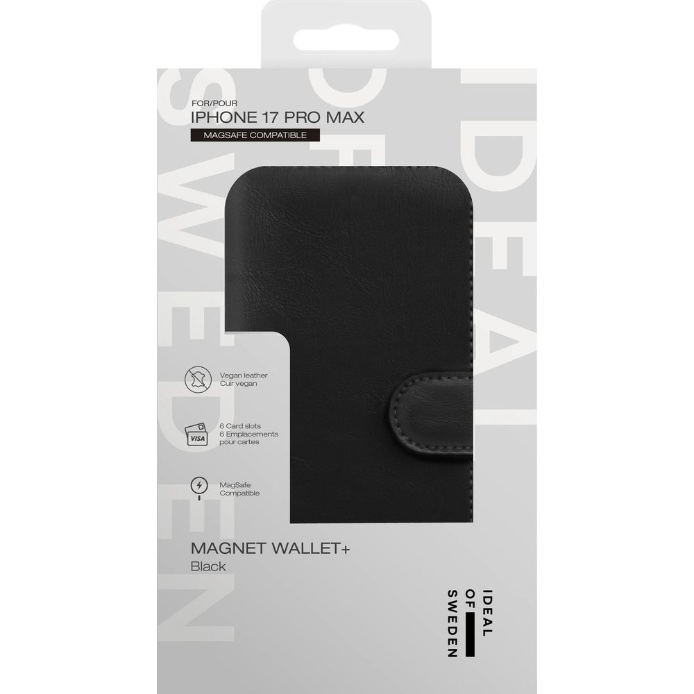 Schwarzes veganes Leder "Magnet Wallet+" für iPhone 17 Pro Max.