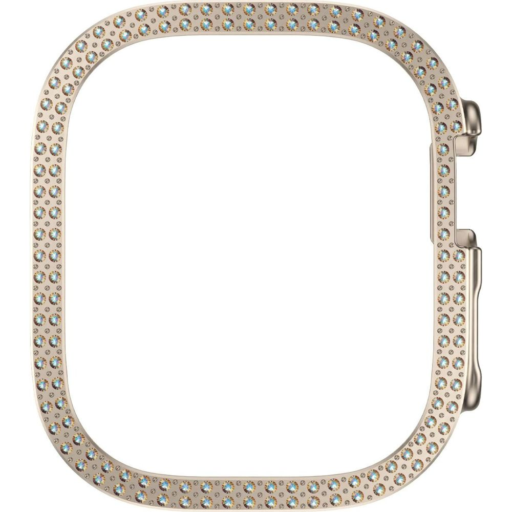 A gold-colored frame adorned with sparkling crystals on a white background.