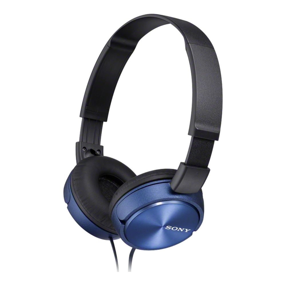Cuffie Sony blu con archetto e padiglioni neri su sfondo bianco.