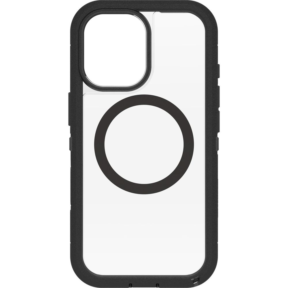 Transparente Hülle mit schwarzem Rand und Magnetring für ein iPhone.