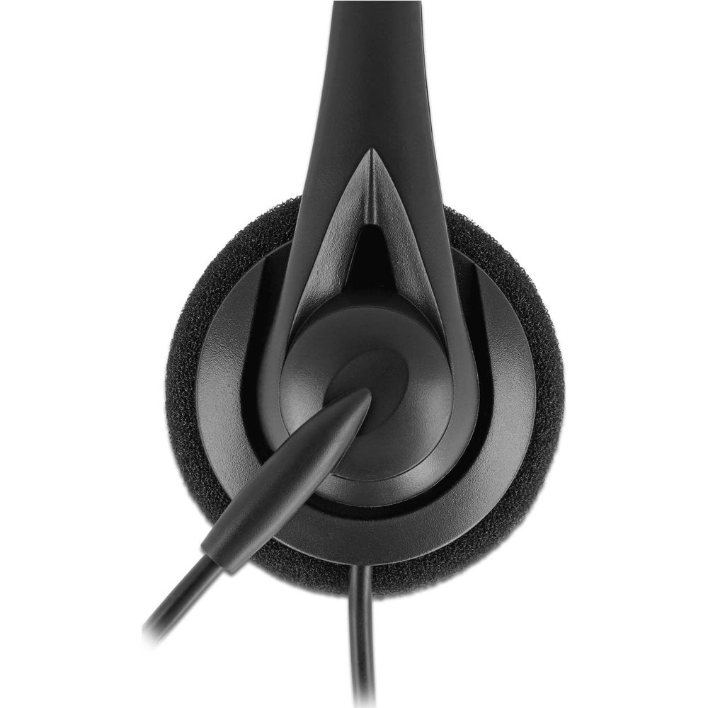 Primo piano di un auricolare nero con microfono, sfondo bianco.