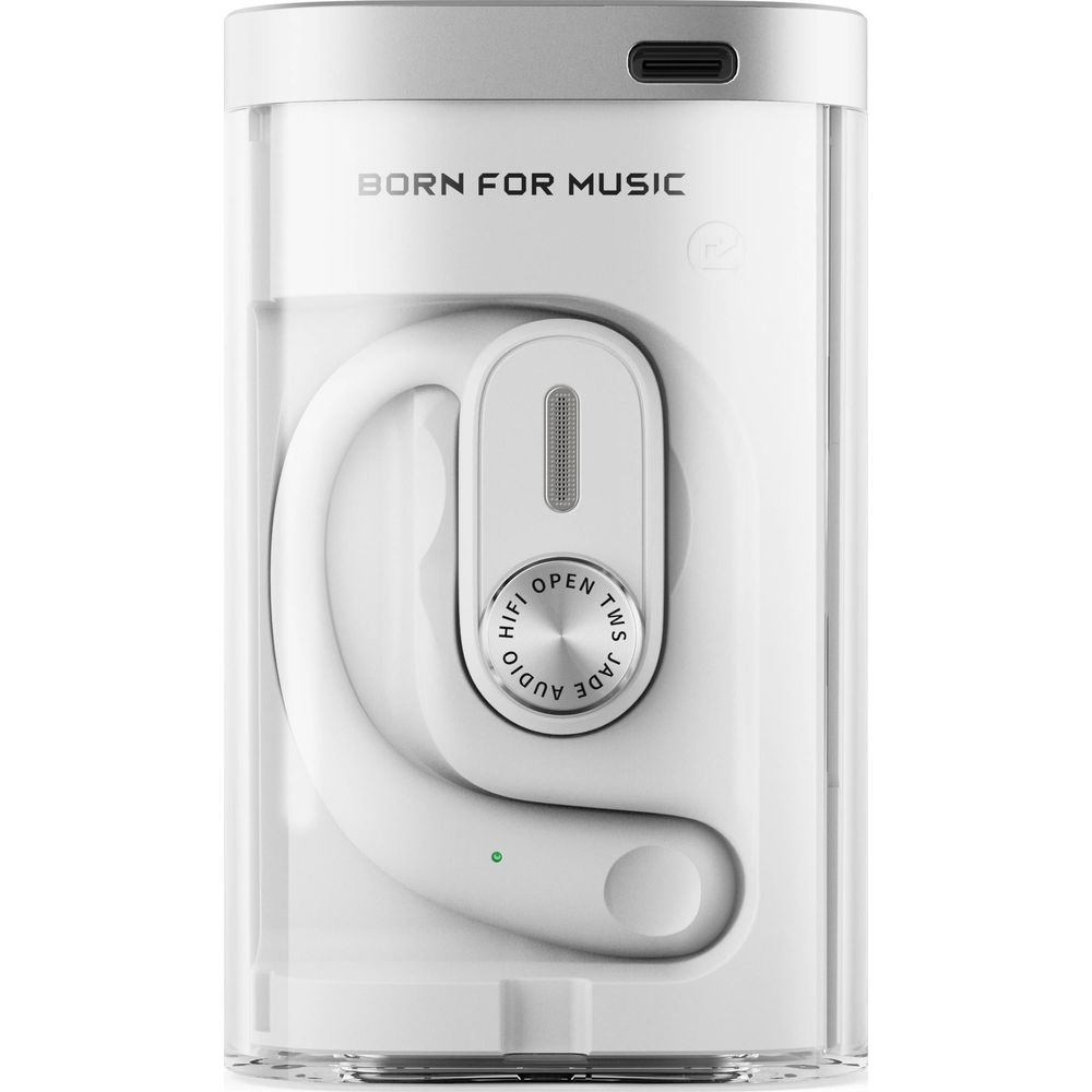 Weiße Kopfhörer mit Aufdruck in transparentem Gehäuse. Born for Music.