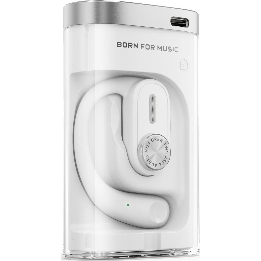Weiße Ohrhörer in durchsichtiger Hülle mit Aufschrift "BORN FOR MUSIC".