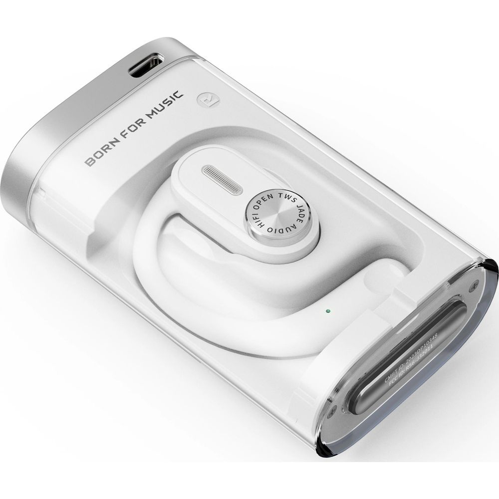 Ein weißes TWS-Headset in seinem transparenten Ladecase, mit Text.