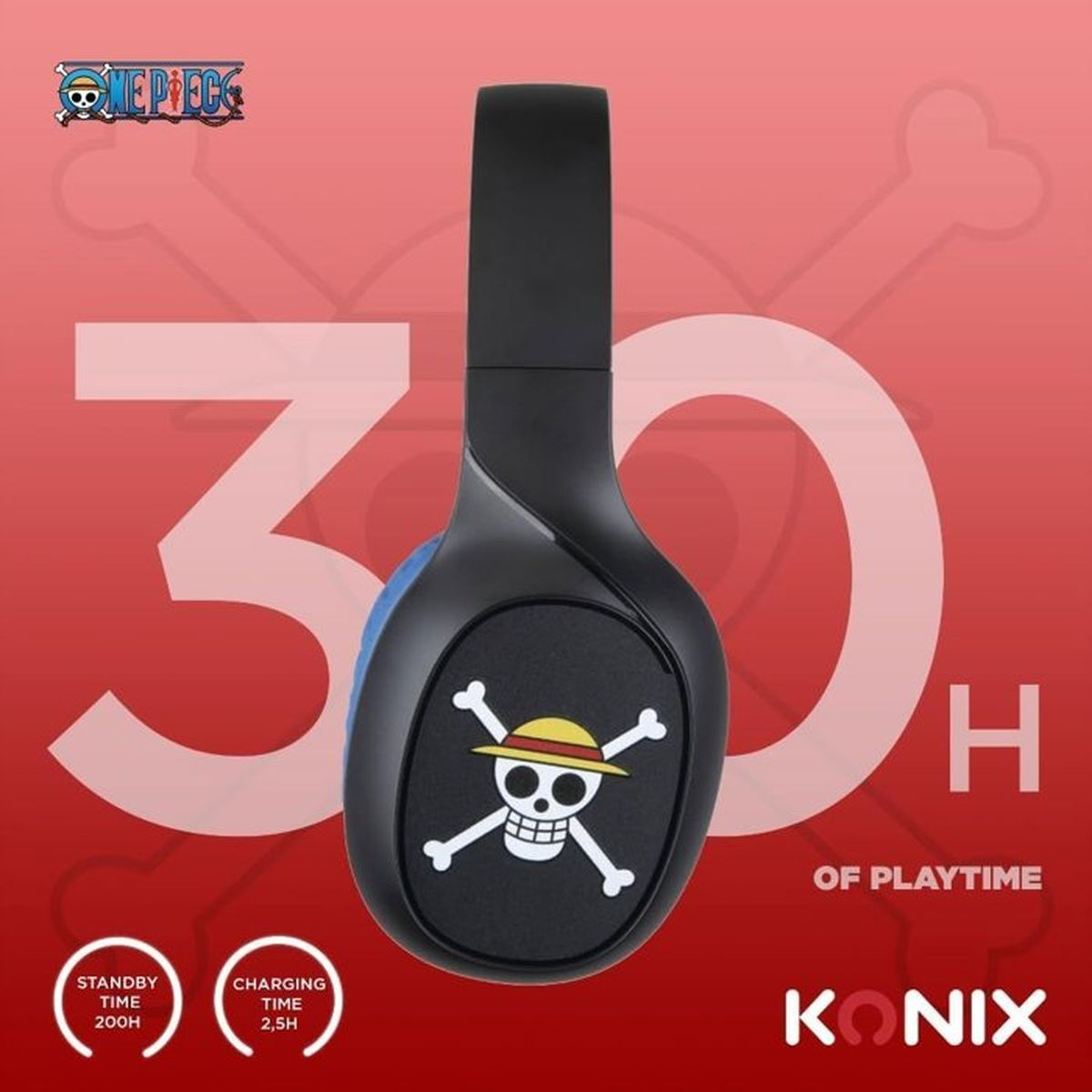Schwarze Kopfhörer mit One Piece Jolly Roger-Logo, 30h Wiedergabezeit.