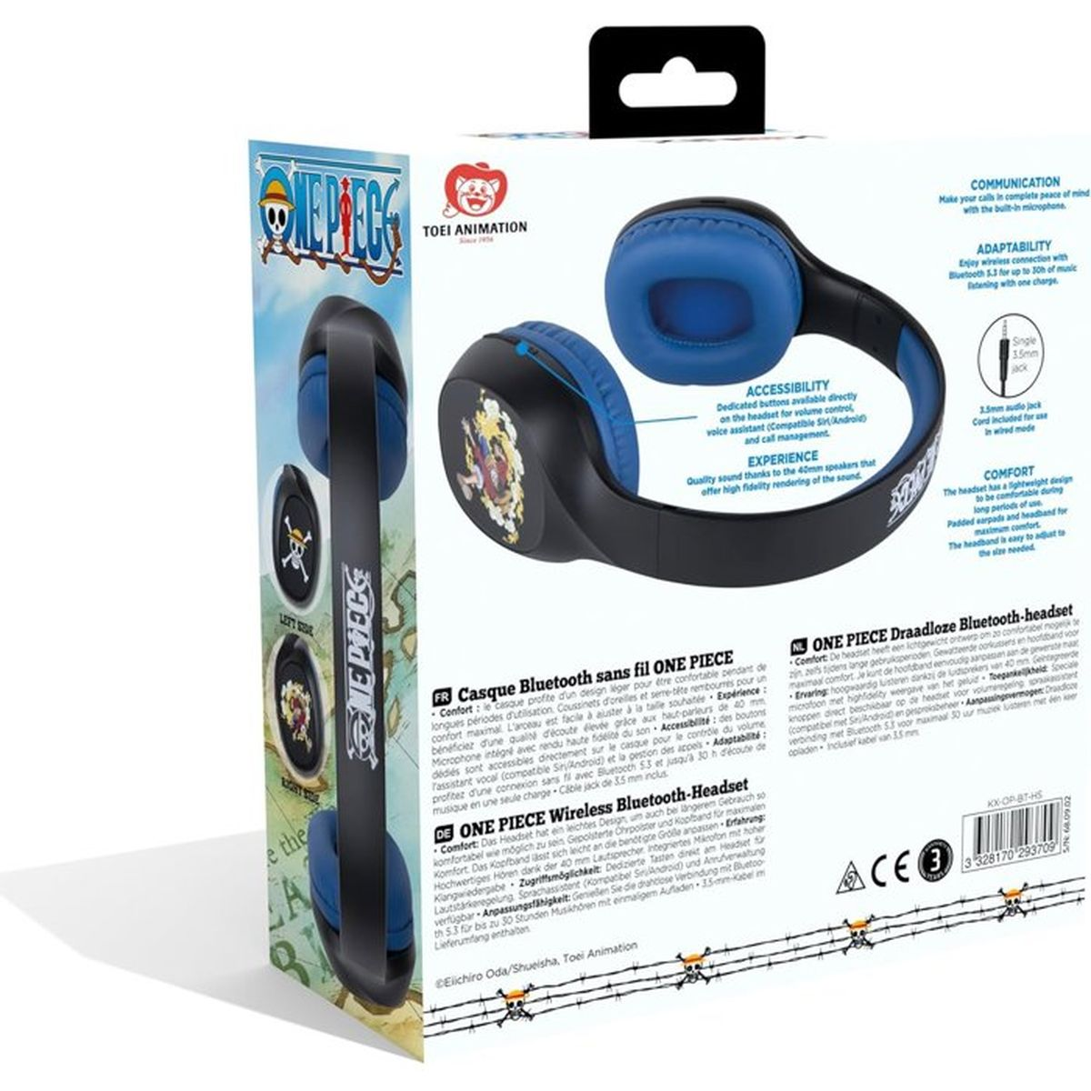 Verpackung mit One Piece Kopfhörern: blaue Ohrmuscheln, schwarzes Band.