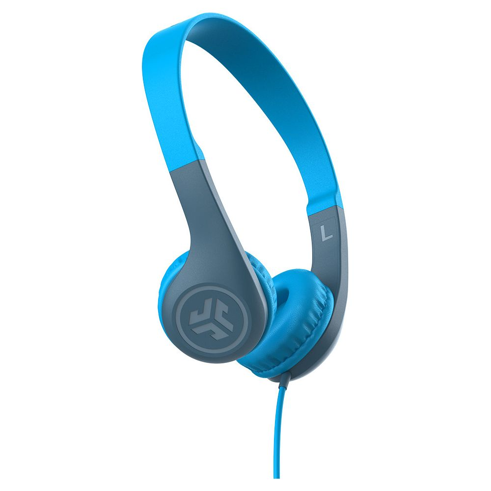 Niebiesko-szare słuchawki z kablem na białym tle.