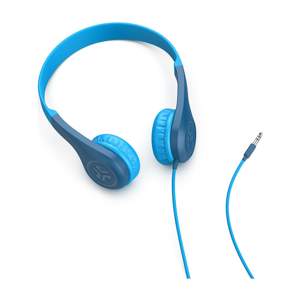 Niebieskie i granatowe słuchawki z kablem i wtyczką 3,5 mm.