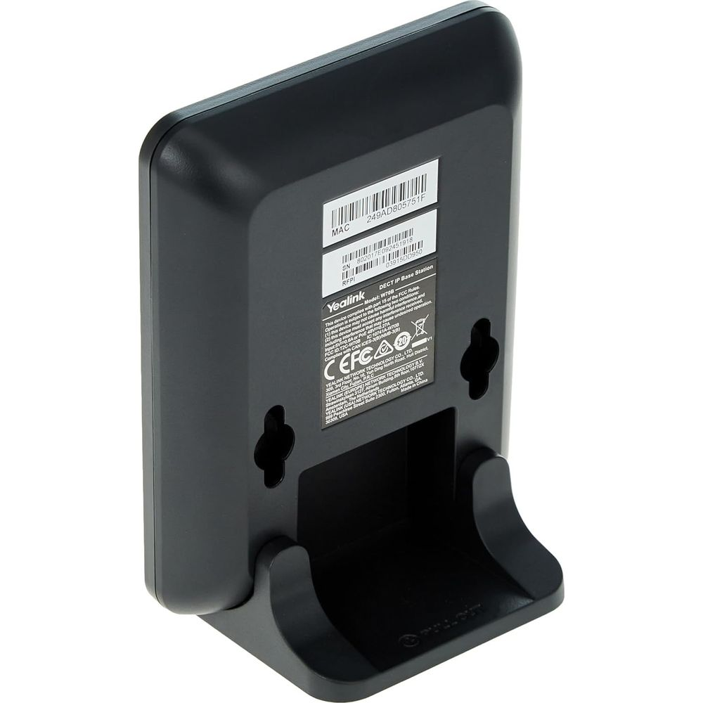 Stazione base Yealink DECT IP nera con etichette e base di ricarica.