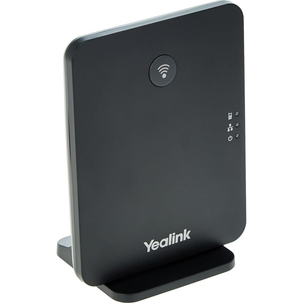 Un router Yealink nero con simbolo Wi-Fi, tre spie e pulsante di accensione.
