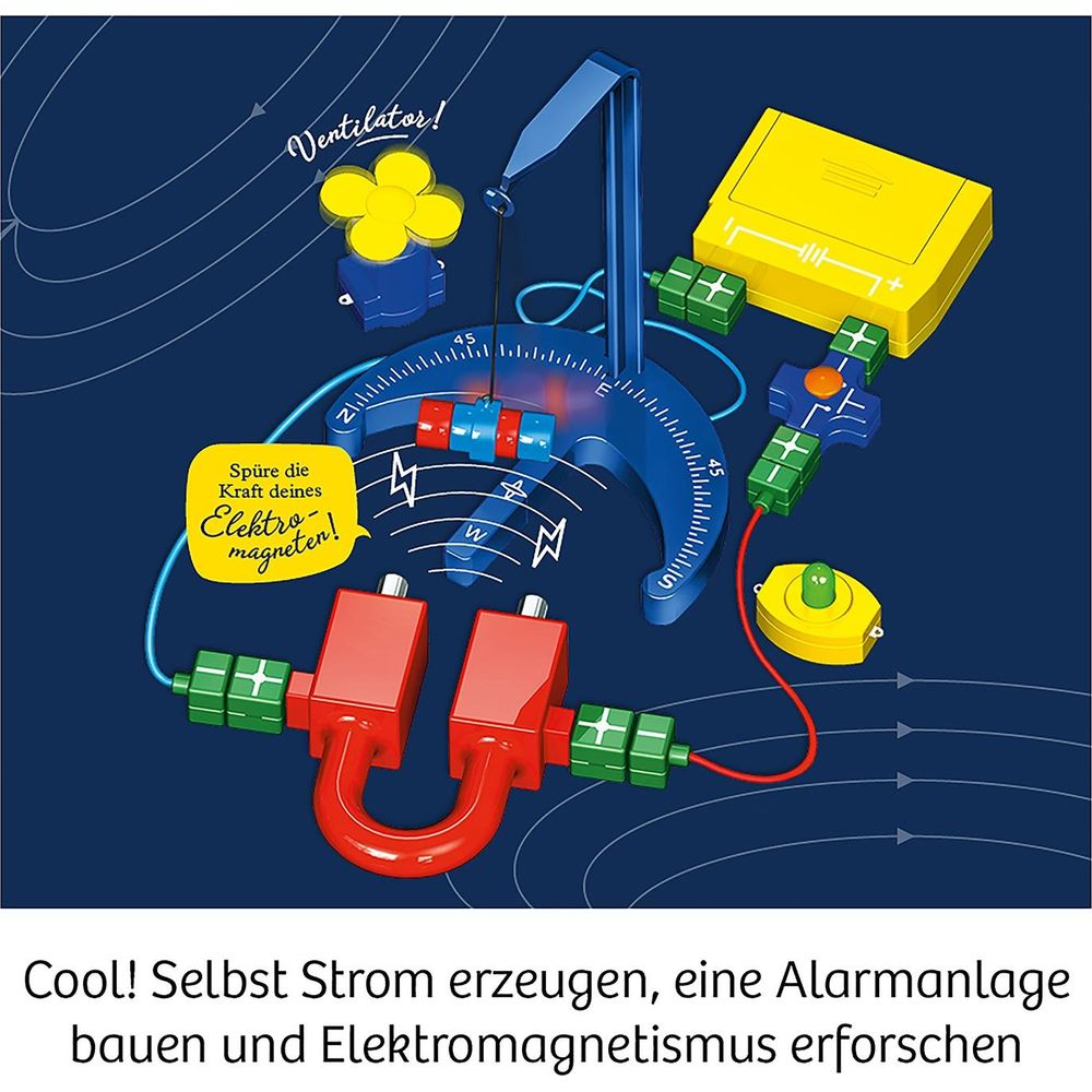 Experimentierkasten mit Magneten, Spule, Ventilator und Stromquelle.