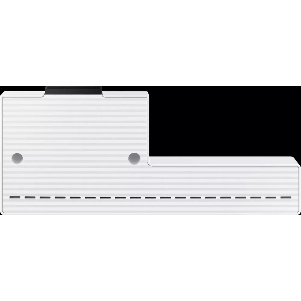 Un dispositivo bianco con scanalature orizzontali e due rientranze rotonde.