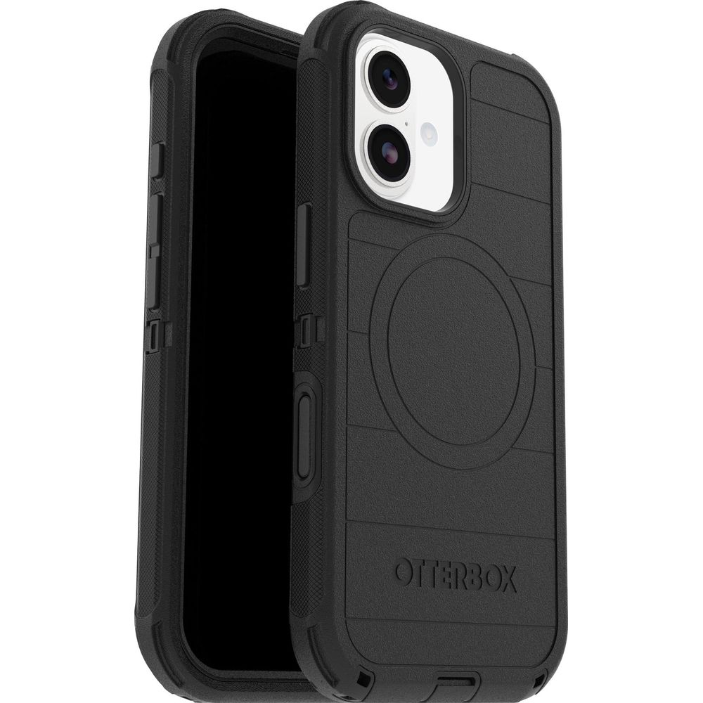 Zwarte OtterBox telefoonhoes met cameramodule en cirkelvormig patroon.